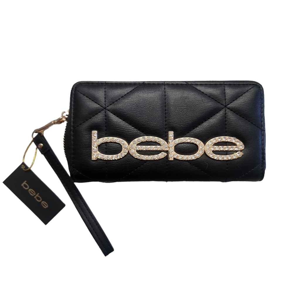Bebe Women's Wristlet Wallet Quilted Black With Gold Lettering and Rhinestones